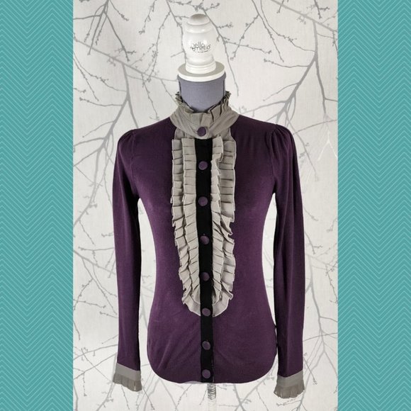 Twelve by Twelve Tops - Twelve by Twelve Ruffle Button Front Knit High Neck Blouse Whimsigoth Academia